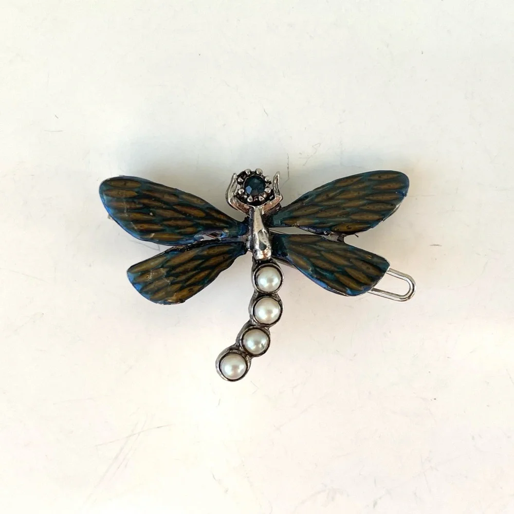 Vintage Gerard Yosca Enamel Dragonfly with Faux Pearls and Faceted Stone Hairpin